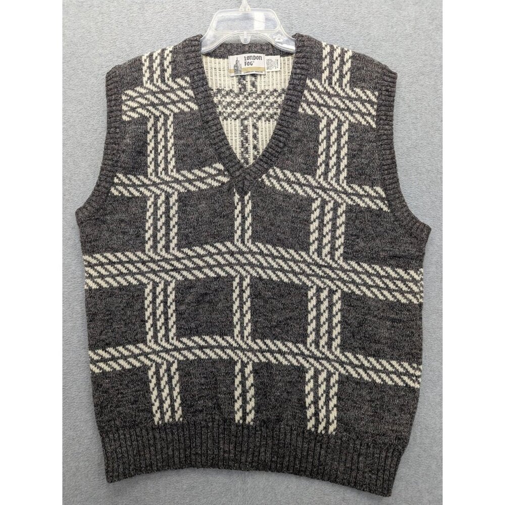 Vintage London Fog Sweater Vest Mens XL Gray Check V Neck Knit Alpaca Made USA